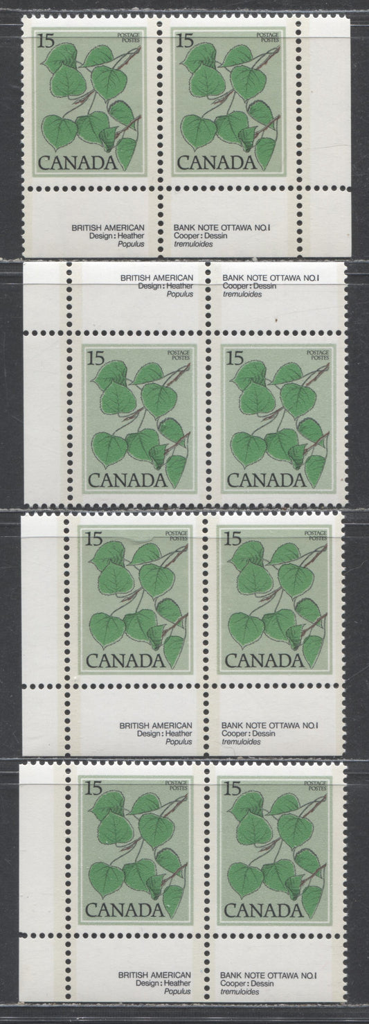 Canada #717 15c Multicoloured Trembling Aspen, 1977-1982 Floral & Environment Issue, 4 VFNH Plate Pairs On DF1/DF1 Paper, Pale & Deeper Background Shades, Warm & Cool Grey Green Background, Finely Screened & Mottled