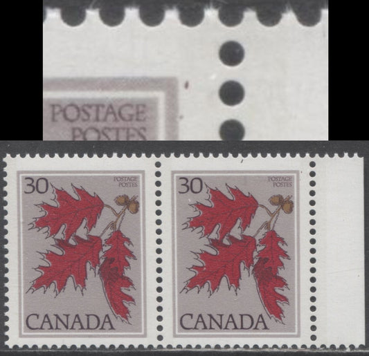 Lot 439 Canada #720var 30c Multicoloured Red Oak, 1977-1982 Floral & Environment Issue, A VFNH Right Sheet Margin Pair On DF2/LF4-fl Paper, Guide Dot In UR Margin, Finely Screened Grey Violet Background