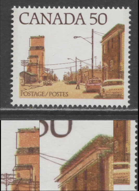 Canada #723iivar 50c Multicoloured Prairie Street Scene, 1977-1982 Floral & Environment Issue, A VFNH Single On DF1/DF1 Coated Paper, With Multiple Colour Shifts: 1/2 mm Rightward Shift Of Orange & 1 mm Upward Shifts Of Yellow & Blue