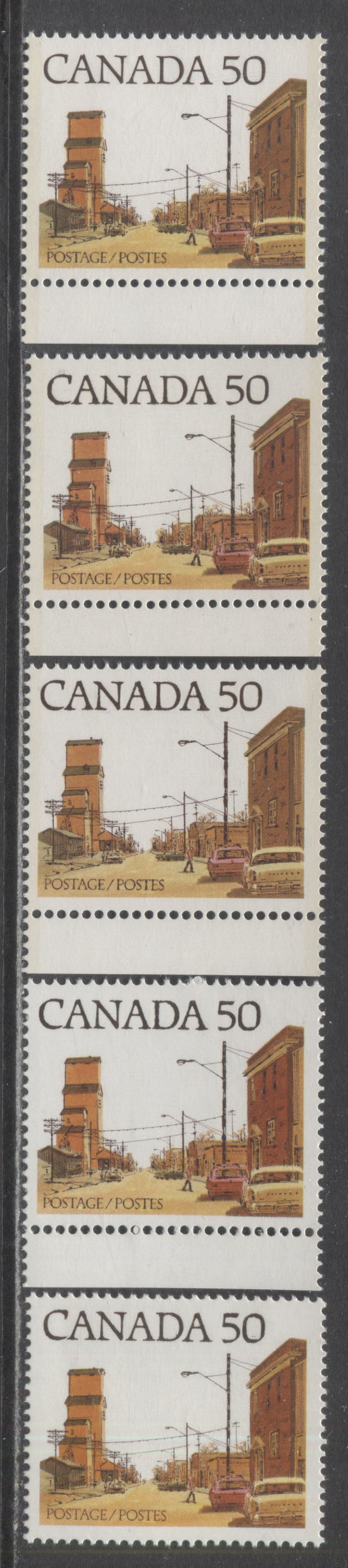 Canada #723A, Av 50c Multicoloured Prairie Street Scene, 1977-1982 Floral & Environment Issue, 5 VFNH Singles On DF1/DF1, LF4/LF4 and F/F Papers, CBN Printings, Various Building Shades