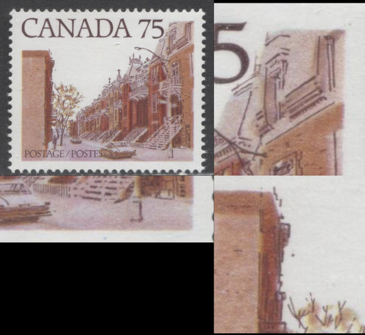 Lot 477 Canada #724var 75c Quebec Street Scene, 1977-1982 Floral & Environment Issue, A VFNH Single On DF2/DF2 Coated Paper, Rose Lilac Road, Guide Dot At UR, Blue Dot In Lower Margin & Brown Dot In Front Of Building At Left, Possibly Tertiary