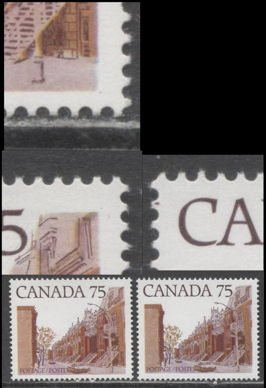 Lot 478 Canada #724ivar 75c Multicoloured Quebec Street Scene, 1977-1982 Floral & Environment Issue, 2 VFNH Singles On LF3/LF3 Coated Paper, With Guide Dots At Both UR & LR And UR Only, Plus Maroon Dot At UL, Rose Lilac & Grey Lilac Roads