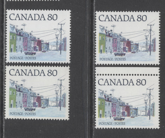 Lot 479 Canada #725 80c Multicoloured Maritime Street Scene, 1977-1982 Floral & Environment Issue, 4 VFNH Singles On Various DF/DF and LF/DF Coated Papers, Light Blue & Light Violet Blue Road Shades