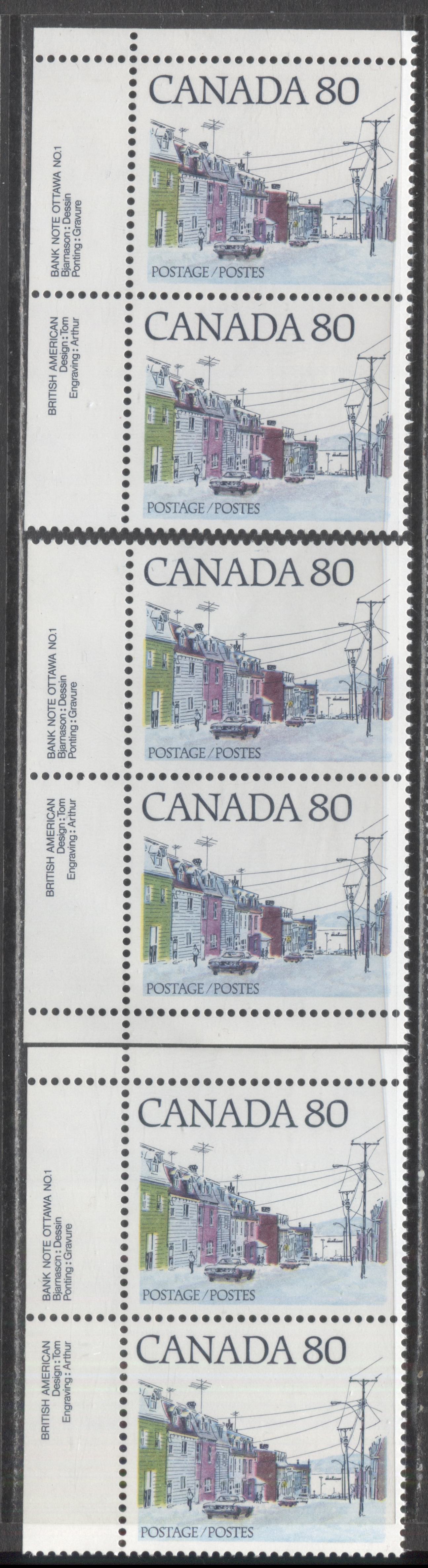 Lot 481 Canada #725 80c Multicoloured Maritime Street Scene, 1977-1982 Floral & Environment Issue, 3 VFNH Plate 1 Pairs On Various DF/DF and LF/DF Coated Papers, Light Blue & Light Violet Blue Road Shades