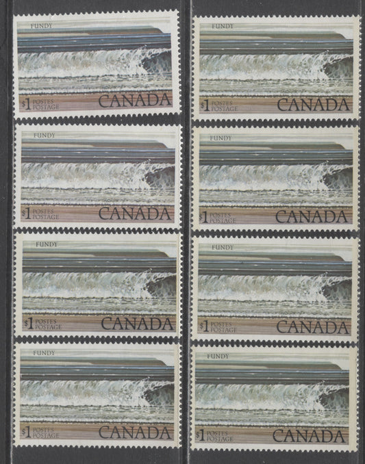 Canada #726, a $1 Multicoloured Fundy National Park, 1977-1982 Floral & Environment Issue, 8 VFNH Singles Tagged On Various DF/DF, LF/DF, LF/LF, LF/F & LF/MF Papers & Untagged On DF2/DF2 Paper With 2 Shades