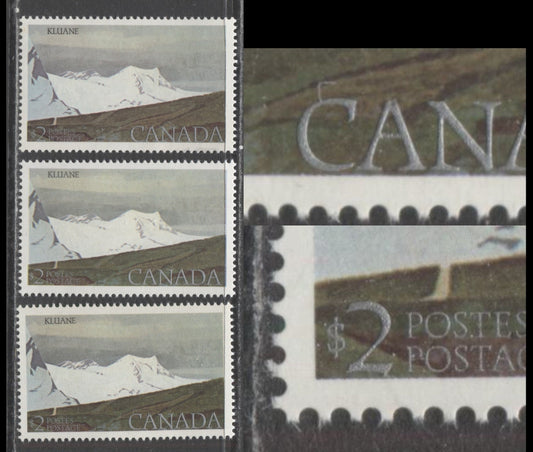 Lot 502 Canada #727ivar $2 Kluane National Park, 3 VFNH Singles On DF1/DF1 and DF2/DF2 Papers, Showing 1/2mm Downward Shift Of Silver Inscriptions, Normally They Are 3/4 mm Above The Bottom Frameline, Here They Nearly Touch, Different Shades