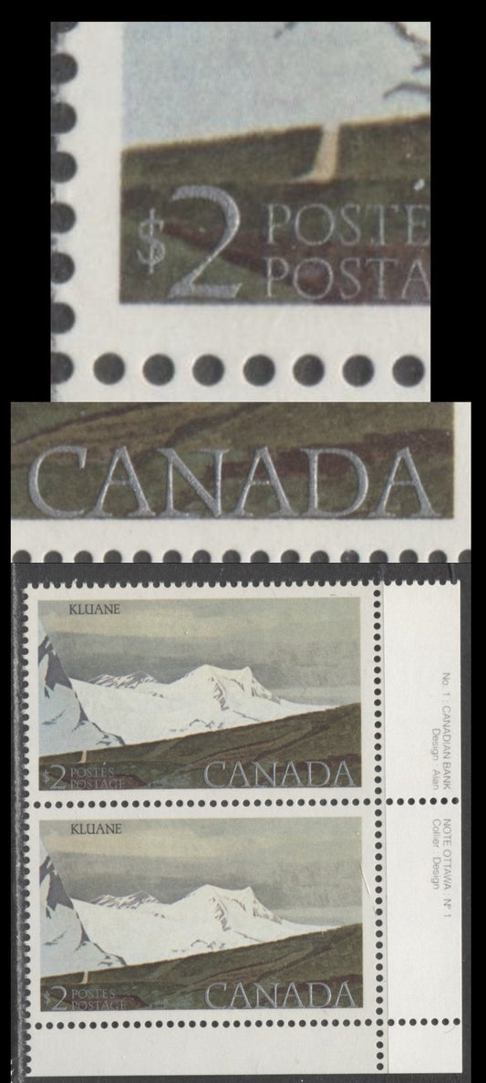 Lot 503 Canada #727ivar $2 Kluane National Park, 1977-1982 Floral & Environment Issue, A VFNH LR Plate 1 Pair On DF2/DF1 Paper Showing 1/2mm Downward Shift Of Silver Inscriptions, Normally They Are 3/4 mm Above The Bottom Frameline, Here They Nearly Touch