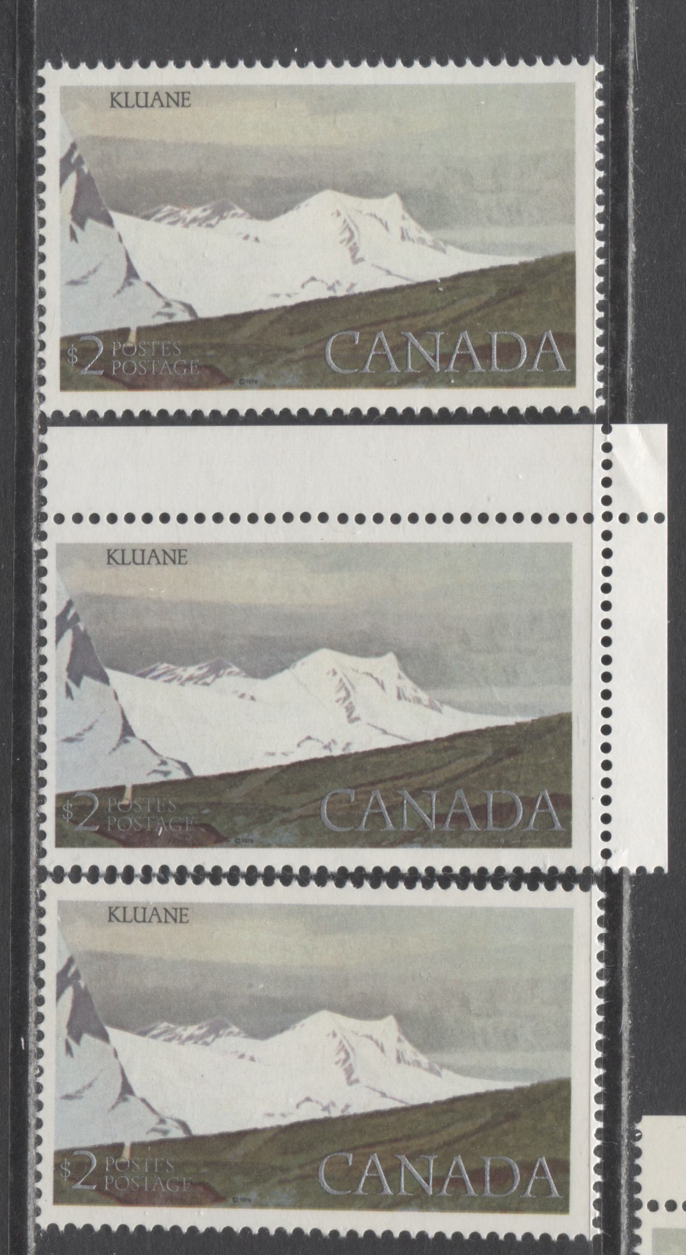 Lot 504 Canada #727ivar $2 Kluane National Park, 3 Fine & VFNH Singles On DF1/DF1 Paper, Very Light Violet Glow Under UV On The Face, & DF2/DF1 Paper, Silver Inscriptions Shifted Up 3/4mm, 3/4mm From Bottom Frame, Here They Are 1.5mm From It