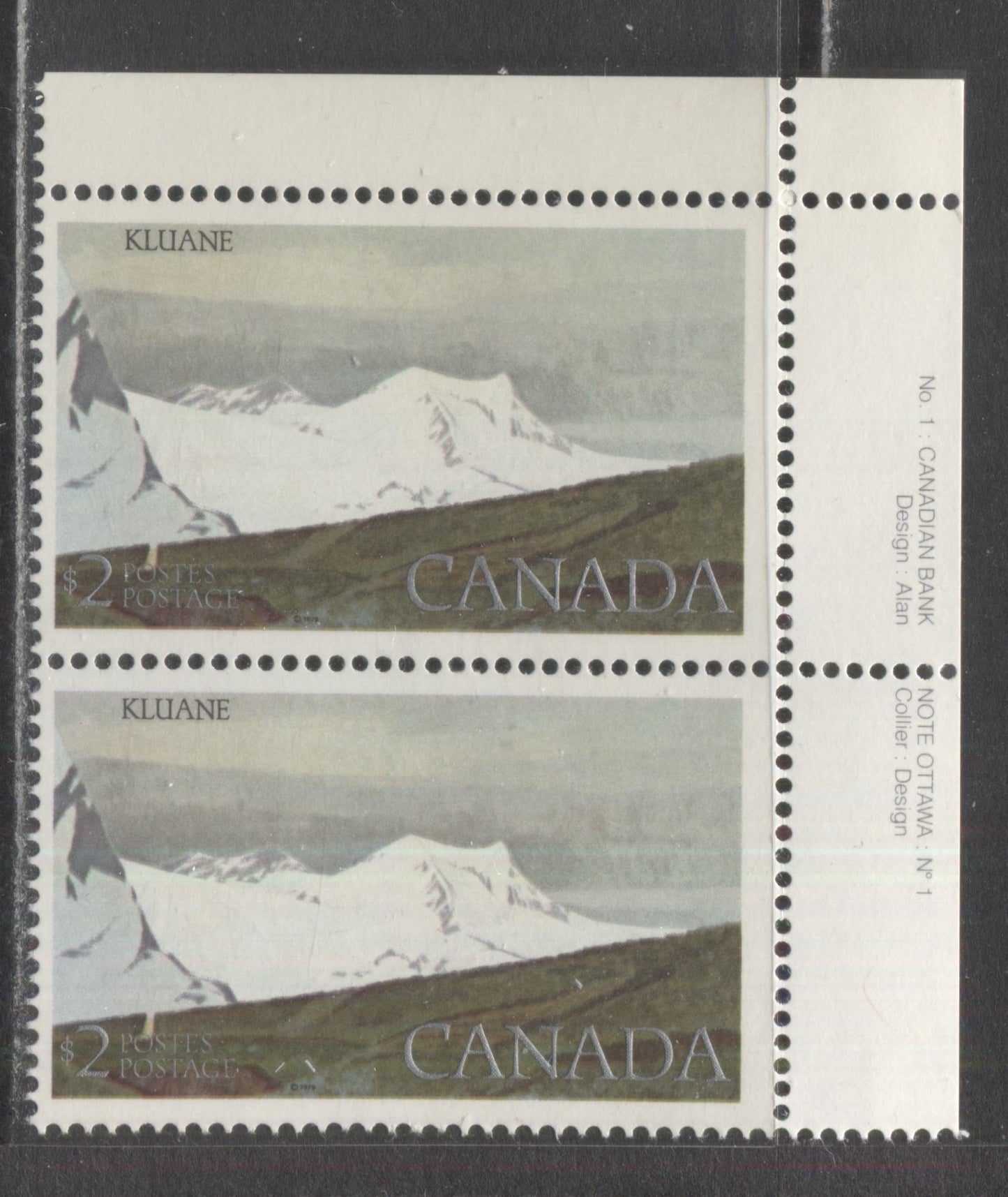 Lot 505 Canada #727ivar $2 Kluane National Park, A Fine NH UR Plate 1 Pair On DF1/DF1 Paper, Giving a Very Light Violet Glow Under UV On The Face, Silver Inscriptions Shifted Up 3/4mm, Normally They Are 3/4mm From Bottom Frame, Here They Are 1.5mm From It