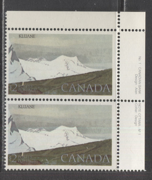 Lot 505 Canada #727ivar $2 Kluane National Park, A Fine NH UR Plate 1 Pair On DF1/DF1 Paper, Giving a Very Light Violet Glow Under UV On The Face, Silver Inscriptions Shifted Up 3/4mm, Normally They Are 3/4mm From Bottom Frame, Here They Are 1.5mm From It