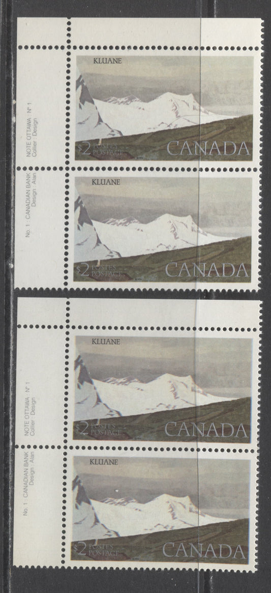 Lot 506 Canada #727ivar $2 Kluane National Park, 1977-1982 Floral & Environment Issue, 2 VFNH UL Plate 1 Pairs On DF2/DF1 Paper, Silver Inscriptions Shifted Up 3/4mm, Normally They Are 3/4mm From Bottom Frame, Here They Are 1.5mm From It, 2 Shades