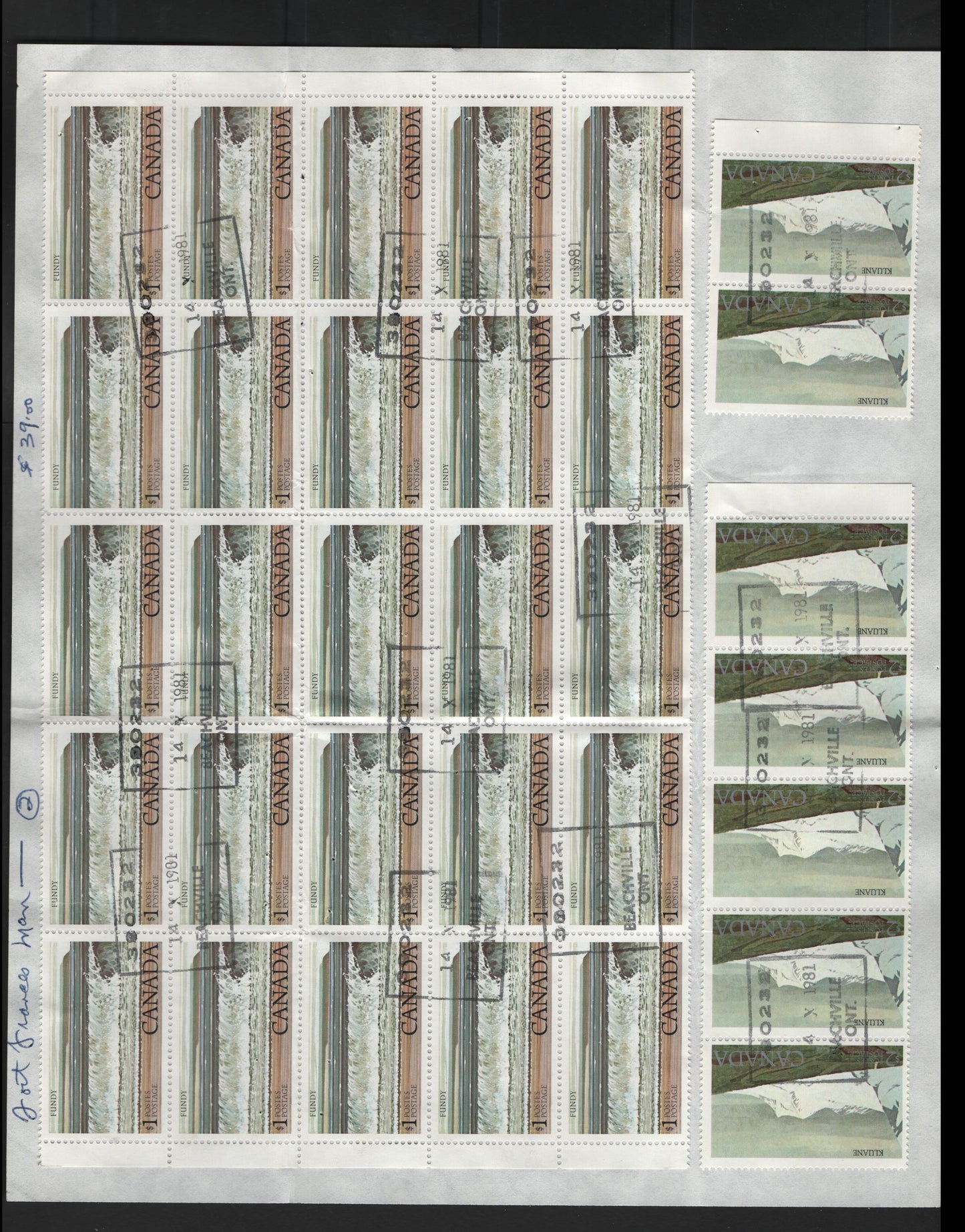 Lot 519 Canada #726a, 727 $1-$2 Multicoloured Fundy & Kluane National Parks, 1977-1982 Floral & Environment Issue, A F/VF Bulk Mailing Fragment Franked With 25 x $1 and 7 x $2, Paying Householder Rates, October 14, 1981 Beachville ON, MOON Cancels