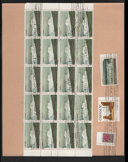 Lot 520 Canada #785, 723A, 726, 727 $2 Multicoloured Kluane National Park, 1977-1982 Floral & Environment Issue, A F/VF Bulk Mailing Fragment Franked With 20 x $2, 1 x 1, 50c and 5c Paying Householder Rates, Fort Francis ON Roller Cancels