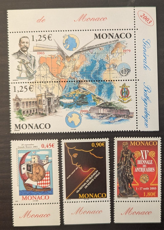 Lot 59 Monaco SC#2289/2294 2003 General Bathymetric Charts of the Oceans - 15th Antiques Biennale Issues, 4 VFNH Singles & Souvenir Sheet, Click on Listing to See ALL Pictures, 2017 Scott Cat. $12.5