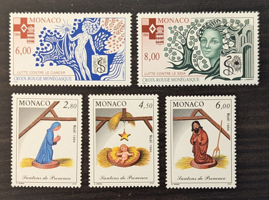 Lot 5 Monaco SC#1919/1927 1994 Christmas - Red Cross Campaigns Issues, 5 VFNH Singles, Click on Listing to See ALL Pictures, 2017 Scott Cat. $10.35