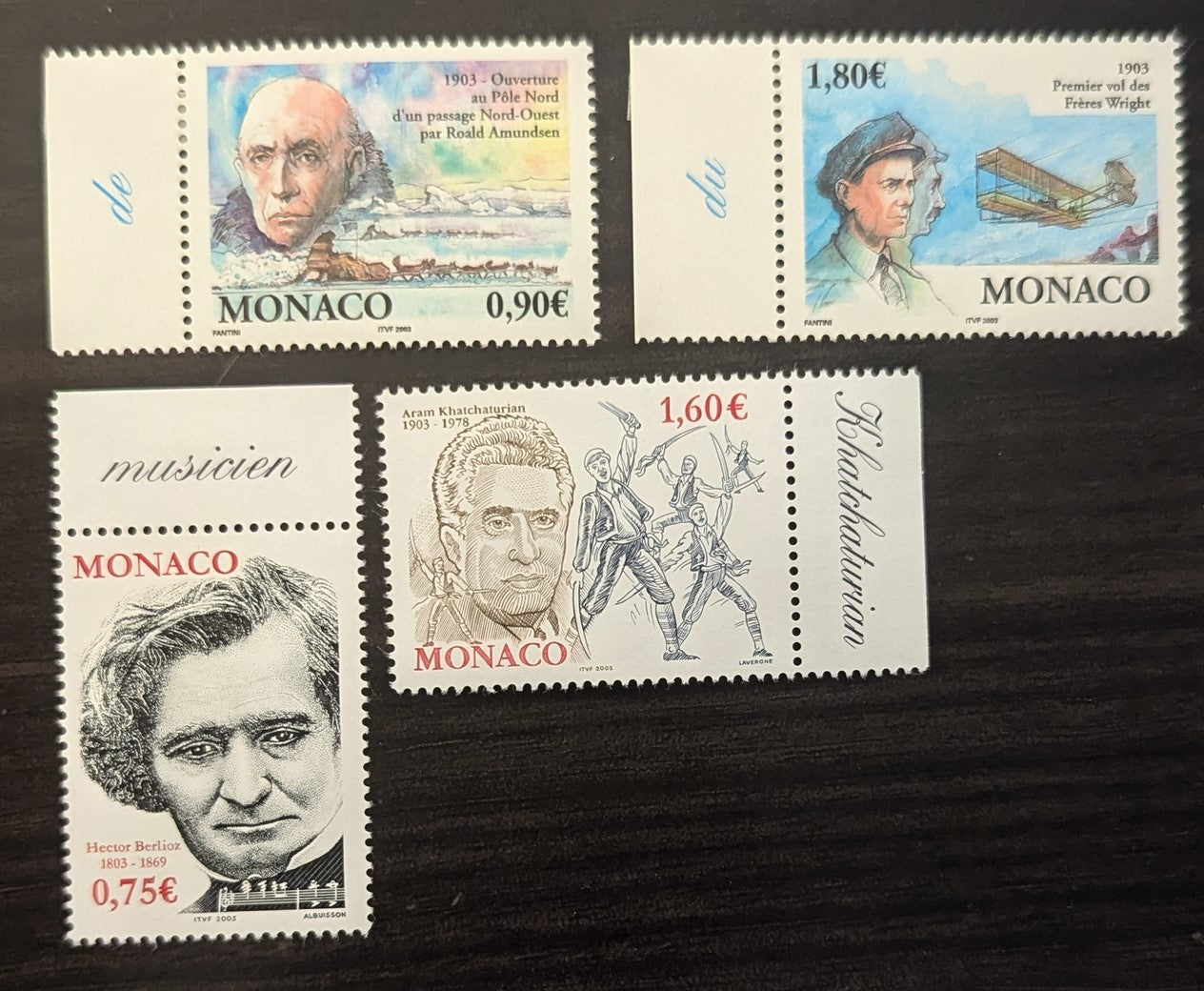 Lot 60 Monaco SC#2295-2298 2003 Navigation of Northwest Passage by Roald Amundsen, Centenary - Aram Khatchaturian Issues, 4 VFNH Singles, Click on Listing to See ALL Pictures, 2017 Scott Cat. $11.75