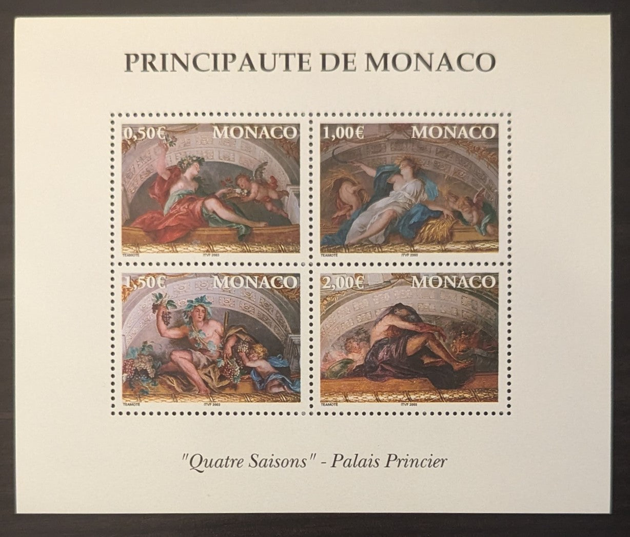 Lot 63 Monaco SC#2273 50c/€2 Multicolored 2002 The Four Seasons, Frescos in Prince's Palace Issue, A VFNH Sheet Of 4, Click on Listing to See ALL Pictures, 2017 Scott Cat. $12