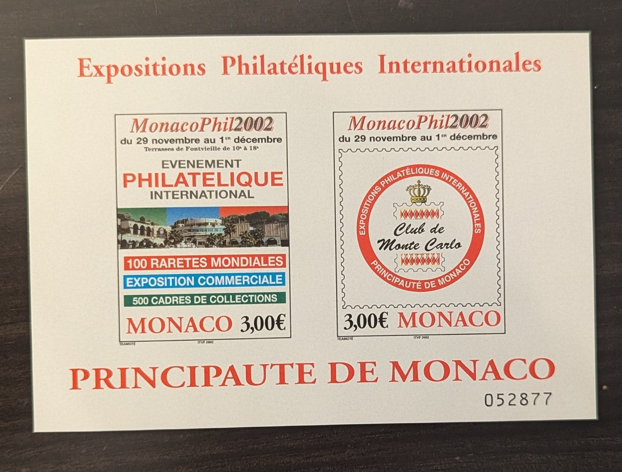 Lot 64 Monaco SC#2274 €3 Multicolored 2002 MonacoPhil Int'l Philatelic Exhibition Issue, A VFNH Sheet Of 2, Click on Listing to See ALL Pictures, 2017 Scott Cat. $14