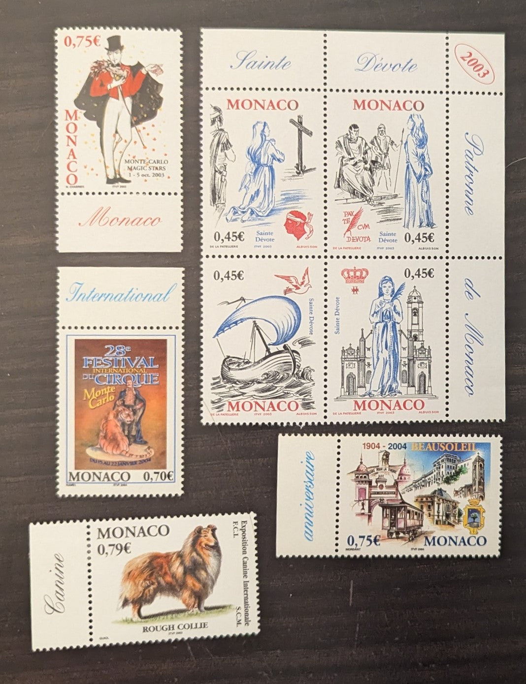 Lot 65 Monaco SC#2286/2312 2002-2004 Int'l Dog Show - Beausoleil, France Centenary Issues, 5 VFNH Singles, Click on Listing to See ALL Pictures, 2017 Scott Cat. $11.1