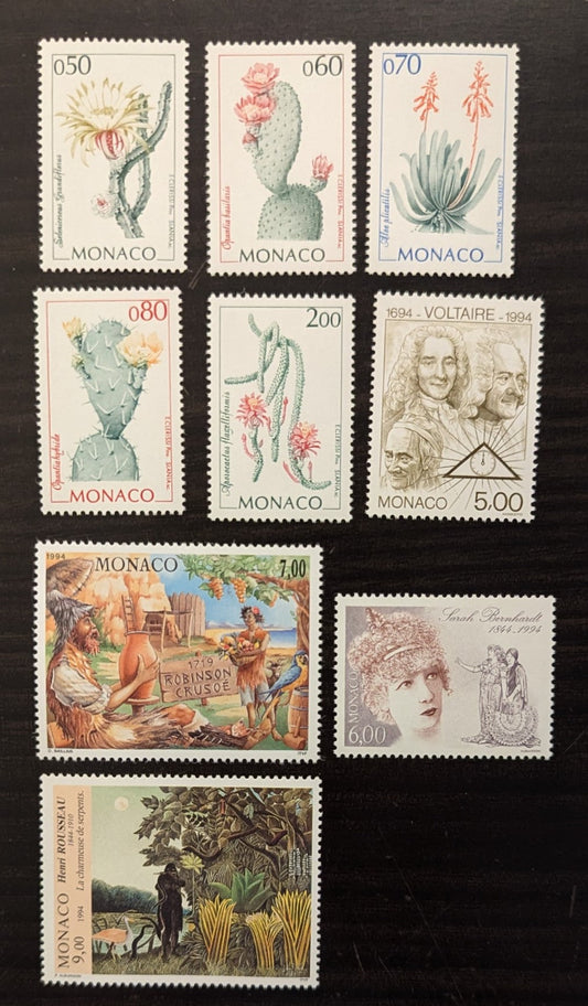 Lot 6 Monaco SC#1914/1933 1994 Flowering Cacti - People & Art Issues, 9 VFNH Singles, Click on Listing to See ALL Pictures, 2017 Scott Cat. $12.75