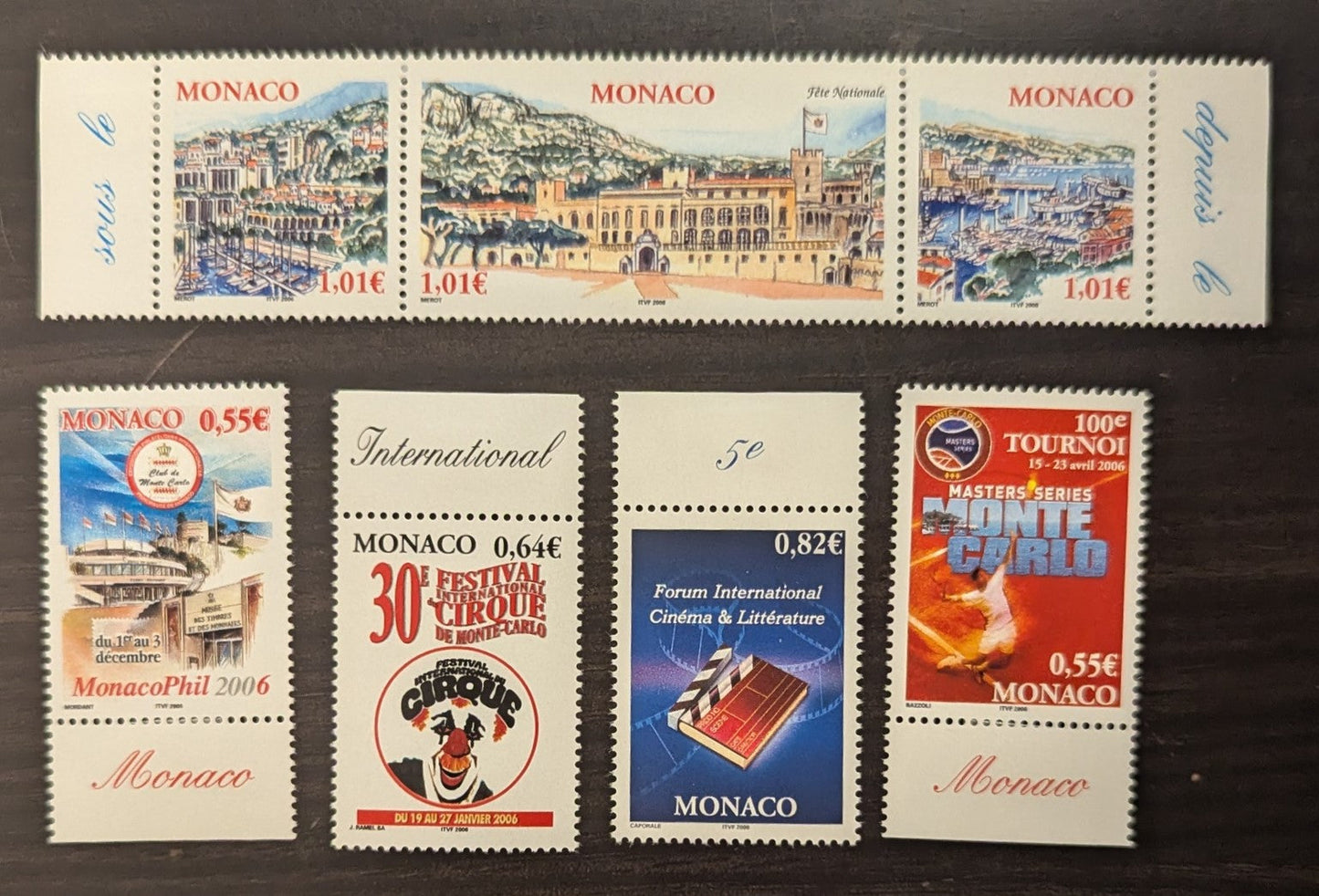 Lot 88 Monaco SC#2400/2409 2005-2006 National Day - 100th Monte Carlo Tennis Tournament Issues, 5 VFNH Singles & Strip Of 3, Click on Listing to See ALL Pictures, 2017 Scott Cat. $12.25