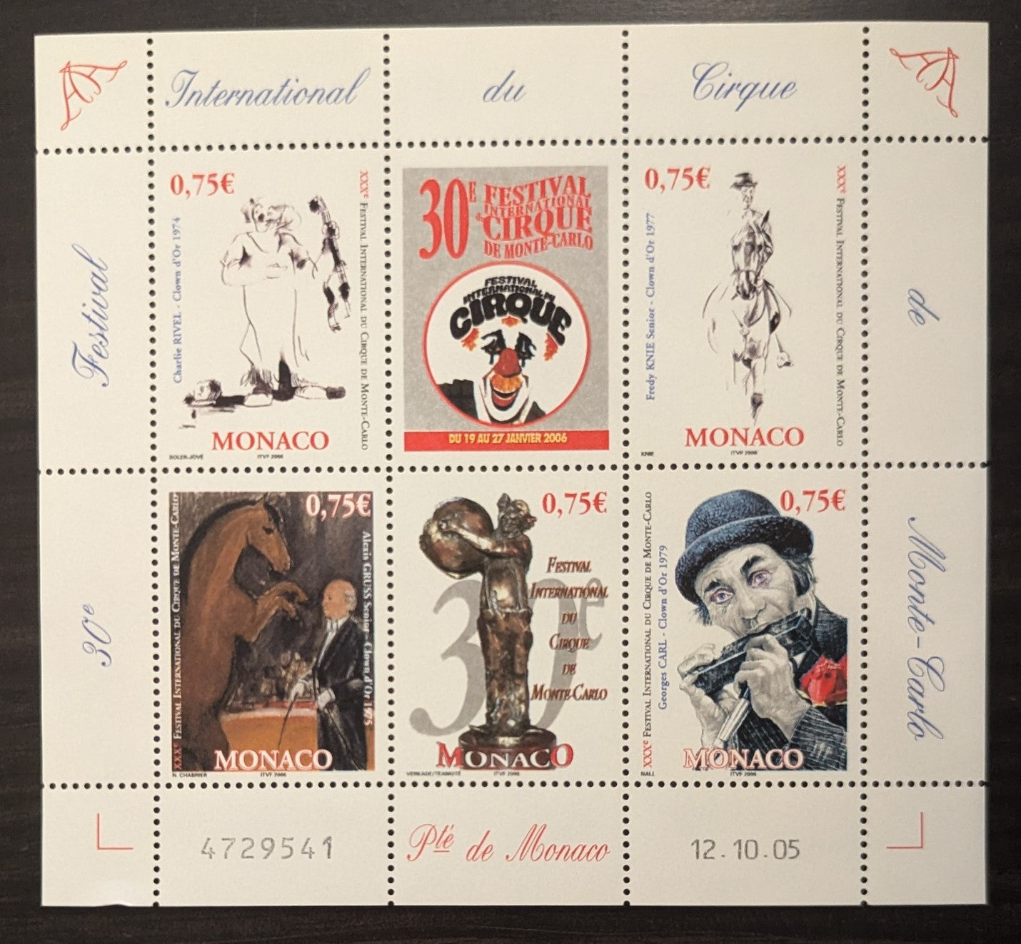 Lot 90 Monaco SC#2403 75c Multicolored 2005 30th Int'l Circus Festival, Monte Carlo Issue, A VFNH Sheet Of 5+Label, Click on Listing to See ALL Pictures, 2017 Scott Cat. $11