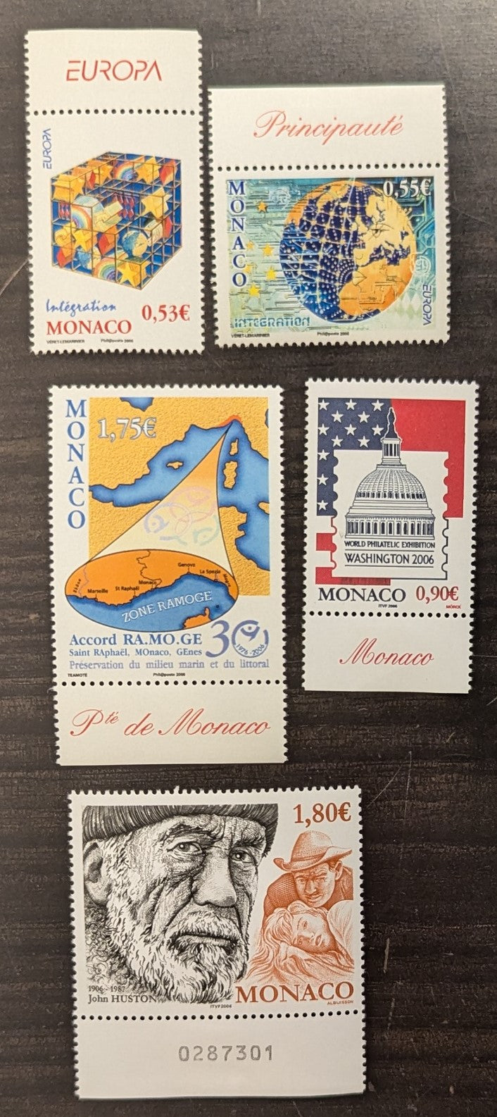 Lot 92 Monaco SC#2416-2420 2006 Europa - John Huston Issues, 5 VFNH Singles, Click on Listing to See ALL Pictures, 2017 Scott Cat. $13.9