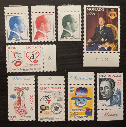 Lot 95 Monaco SC#2433/2442 2006 Prince Albert II - Albert Camus Issues, 9 VFNH Singles, Click on Listing to See ALL Pictures, 2017 Scott Cat. $13.5