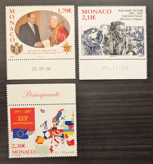 Lot 97 Monaco SC#2448-2450 2006 Meeting of Prince Albert II & Pope Benedict XVI - European Philatelic Academy, 30th Anniv Issues, 3 VFNH Singles, Click on Listing to See ALL Pictures, 2017 Scott Cat. $15.25