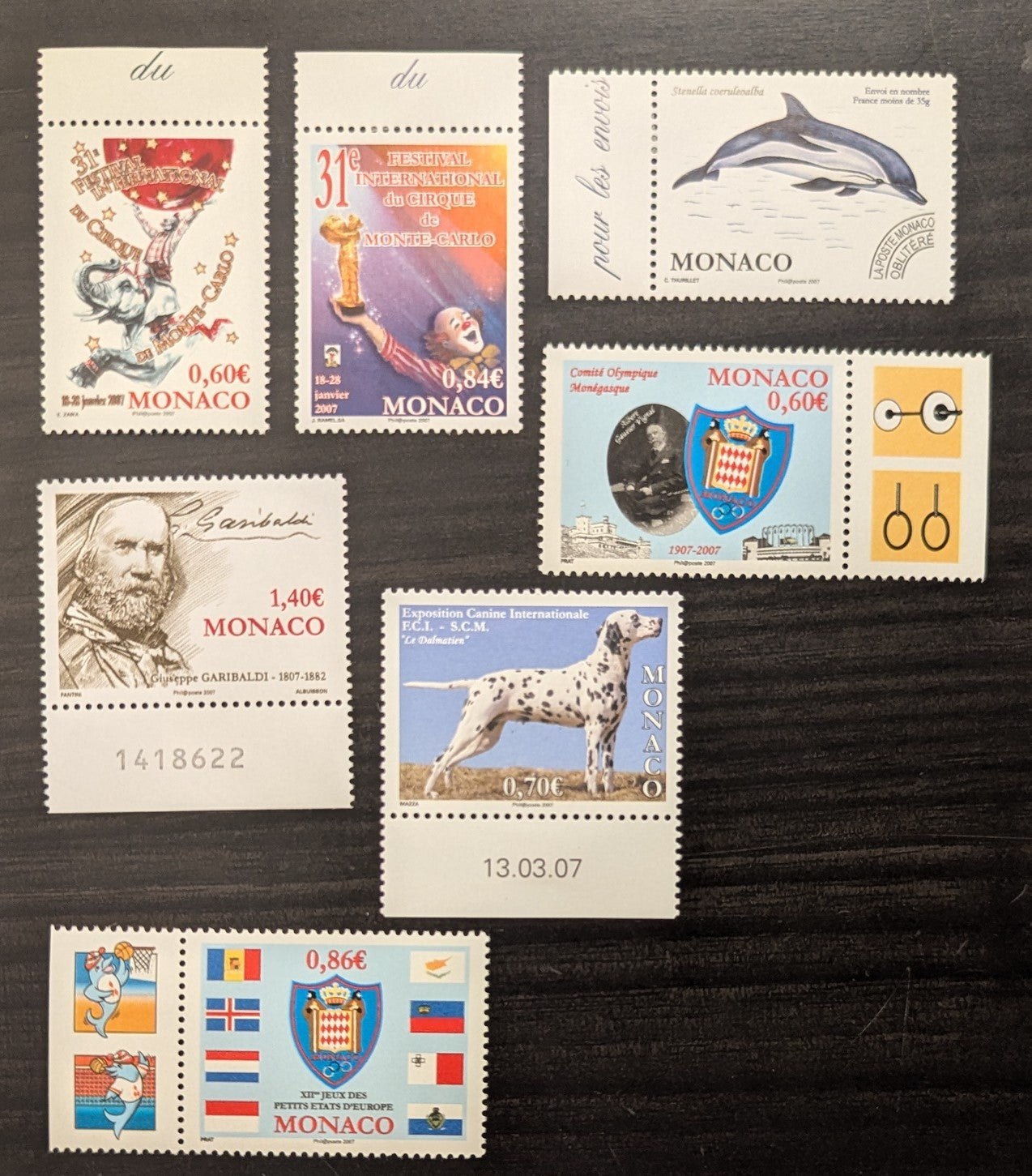 Lot 99 Monaco SC#2454/2462 2006-2007 31st Int'l Circus Festival - 12th Games of Small European States Issues, 7 VFNH Singles, Click on Listing to See ALL Pictures, 2017 Scott Cat. $13.35