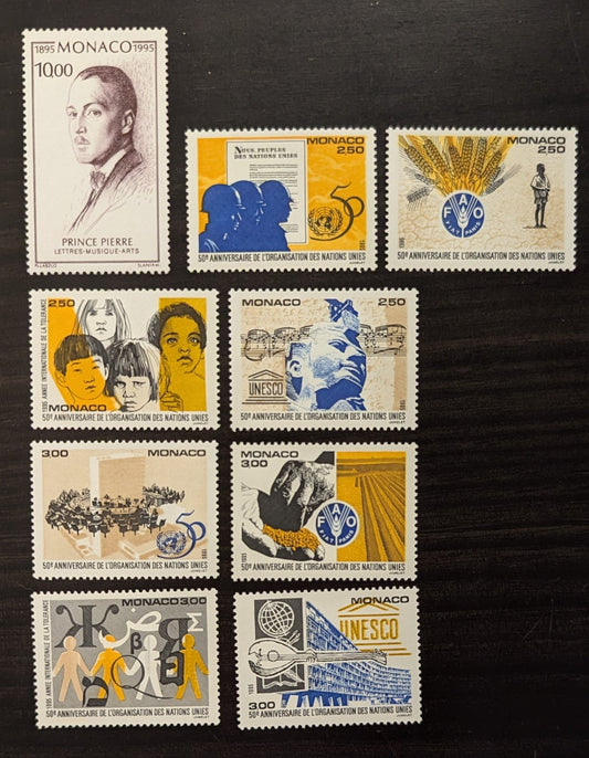 Lot 9 Monaco SC#1952/1962 1995 Prince Pierre of Monaco - UN 50th Anniv Issues, 9 VFNH Singles, Click on Listing to See ALL Pictures, 2017 Scott Cat. $12.5