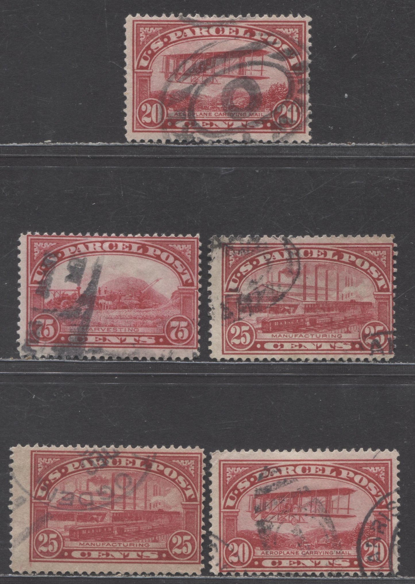 Lot 438 United States Of America #Q8-Q9, Q11 20c, 25c, 75c Carmine, Carmine-Red, Rose Carmine Airplane Carrying Mail - Harvesting, 1913 Parcel Post Issue, 5 VG & Fine Used Singles With Additional Shades