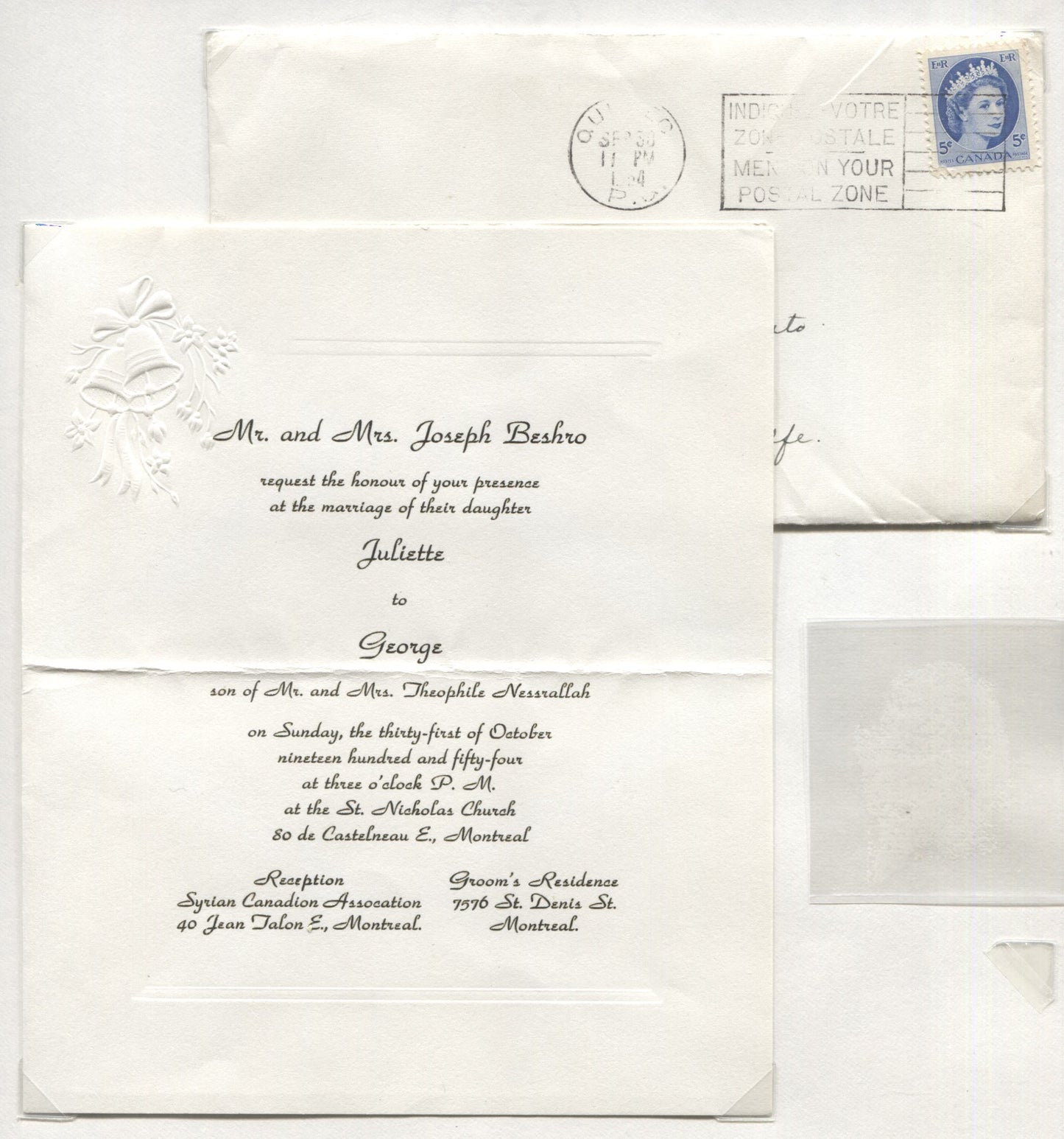 Lot 477 Canada #341, 341i 5c Ultramarine Queen Elizabeth II, 1954-1962 Wilding Issue, 2 VF Wedding Invitations, Birth Announcement & Thank You Card Complete With 5c Forward Rate Covers Used To Send Them, Sent Between 1954-1961