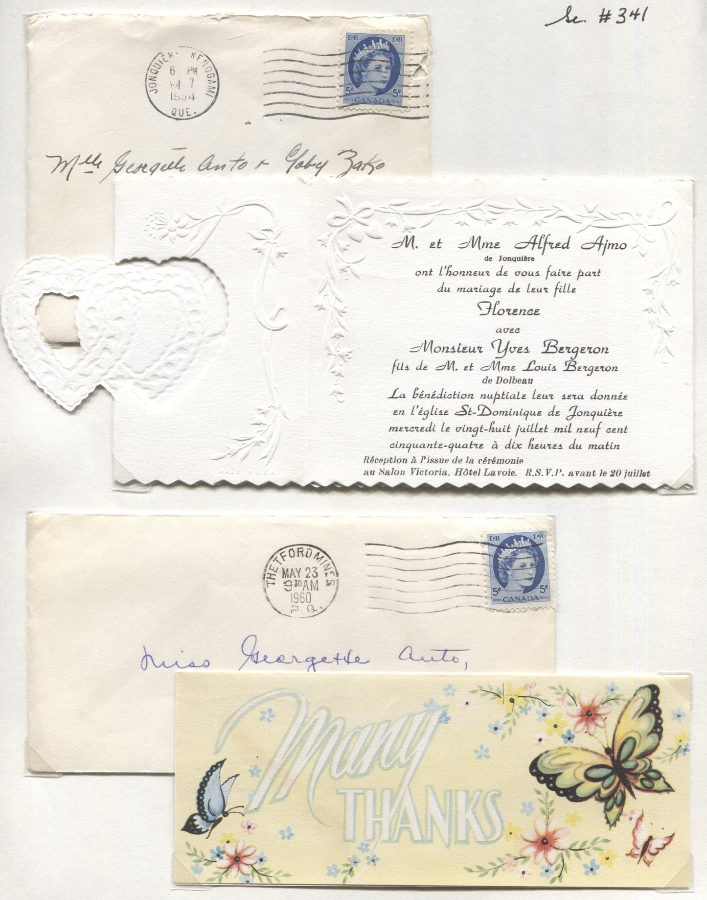 Lot 477 Canada #341, 341i 5c Ultramarine Queen Elizabeth II, 1954-1962 Wilding Issue, 2 VF Wedding Invitations, Birth Announcement & Thank You Card Complete With 5c Forward Rate Covers Used To Send Them, Sent Between 1954-1961