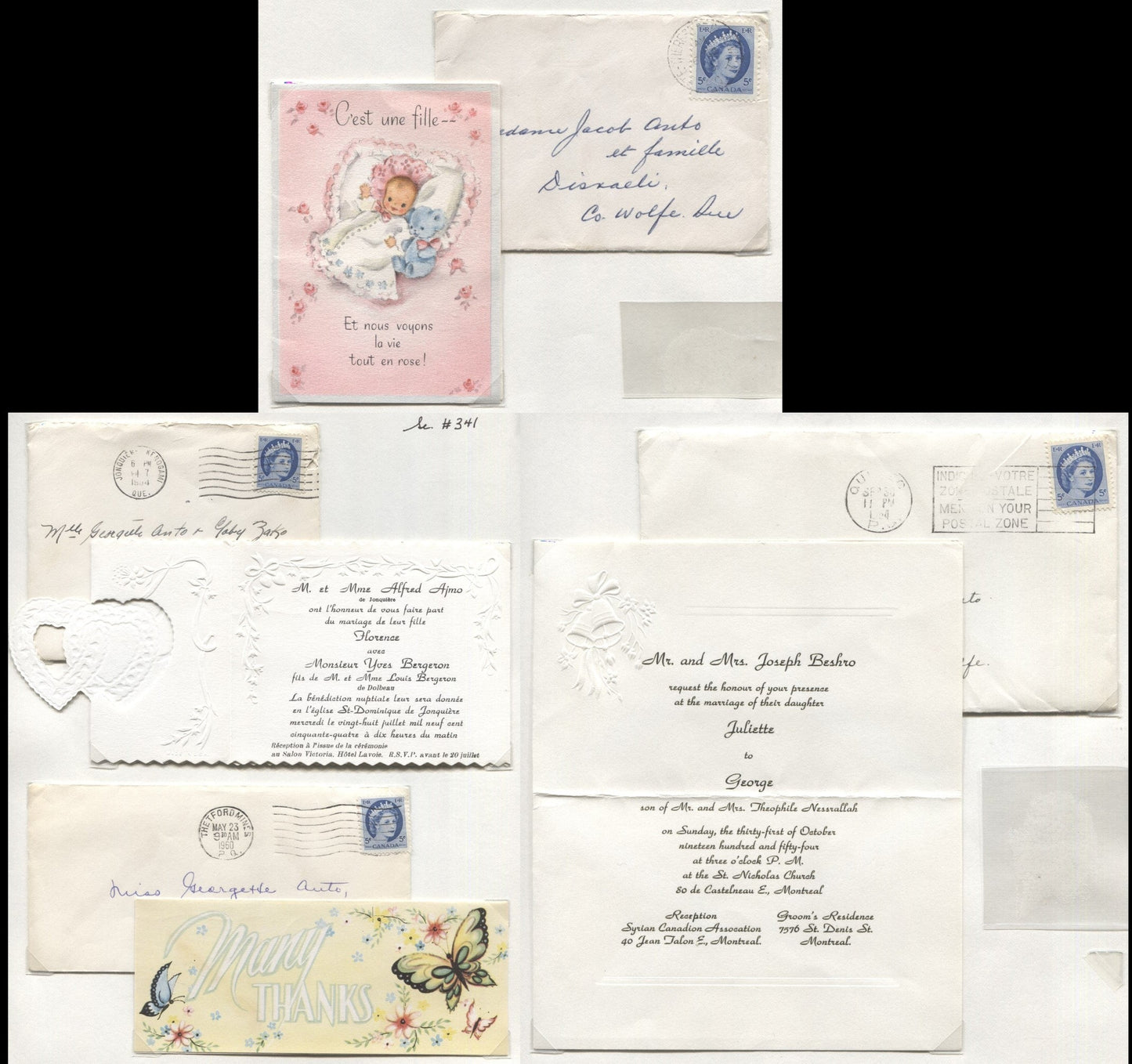 Lot 477 Canada #341, 341i 5c Ultramarine Queen Elizabeth II, 1954-1962 Wilding Issue, 2 VF Wedding Invitations, Birth Announcement & Thank You Card Complete With 5c Forward Rate Covers Used To Send Them, Sent Between 1954-1961