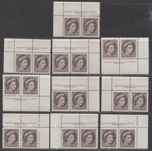 Lot 481 Canada #337 1c Violet Brown & Chocolate Brown Queen Elizabeth II, 1954-1962 Wilding Issue, 11 Fine & VFNH Plate 1-3 Pairs DF1 Ribbed/Smooth, DF1 Ribbed/Ribbed, DF2 Ribbed/Smooth & DF2 Ribbed/Ribbed Paper, Some Shade Variation