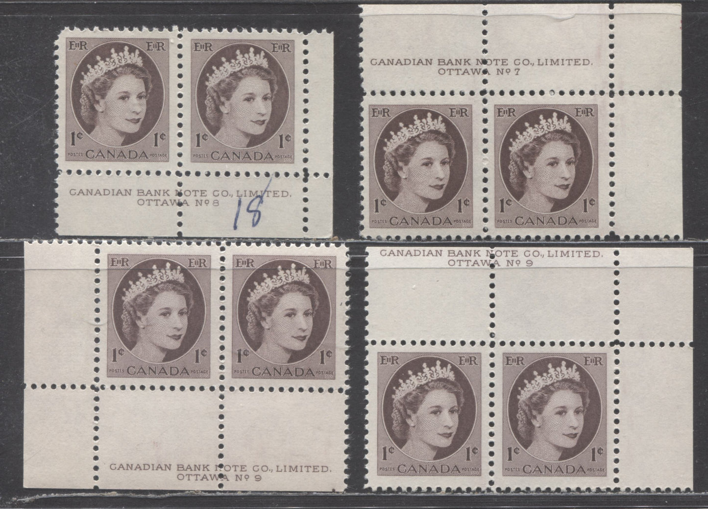 Canada #337 1c Violet Brown, Reddish Chocolate, Chocolate  Queen Elizabeth II, 1954-1962 Wilding Issue, 4 VFNH Plate 7, 8n & 9 Pairs DF2 Smooth/Ribbed, & DF1 Smooth/Ribbed Papers, Different Shades & Gums From Lot 491