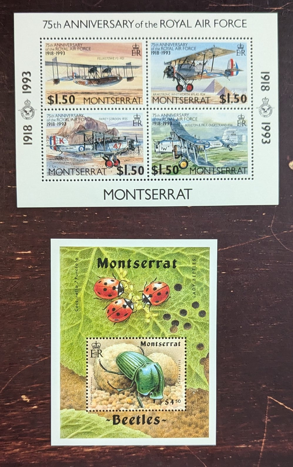 Lot 59 Montserrat SC#834/839 1993-1994 RAF 75th Anniv - Beetles Issues, 2 VFNH Souvenir Sheets, Click on Listing to See ALL Pictures, 2017 Scott Cat. $13.25