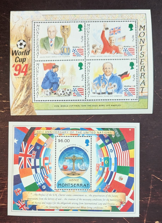 Lot 63 Montserrat SC#846-877 1994-1995 World Cup Soccer Championships - UN 50th Anniv Issues, 2 VFNH Souvenir Sheets, Click on Listing to See ALL Pictures, 2017 Scott Cat. $18