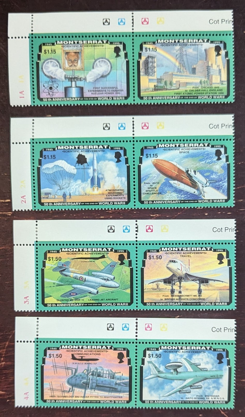 Lot 64 Montserrat SC#863-866 1995 End of WWII 50th Anniv Issue, 4 VFNH Pairs, Click on Listing to See ALL Pictures, 2017 Scott Cat. $16.5