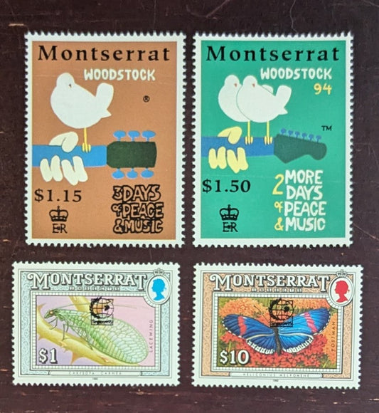 Lot 65 Montserrat SC#851-872 1994-1995 Woodstock Festival 25th Anniv - Insects Overprints Issue, 4 VFOG Singles, Click on Listing to See ALL Pictures, 2017 Scott Cat. $15.25