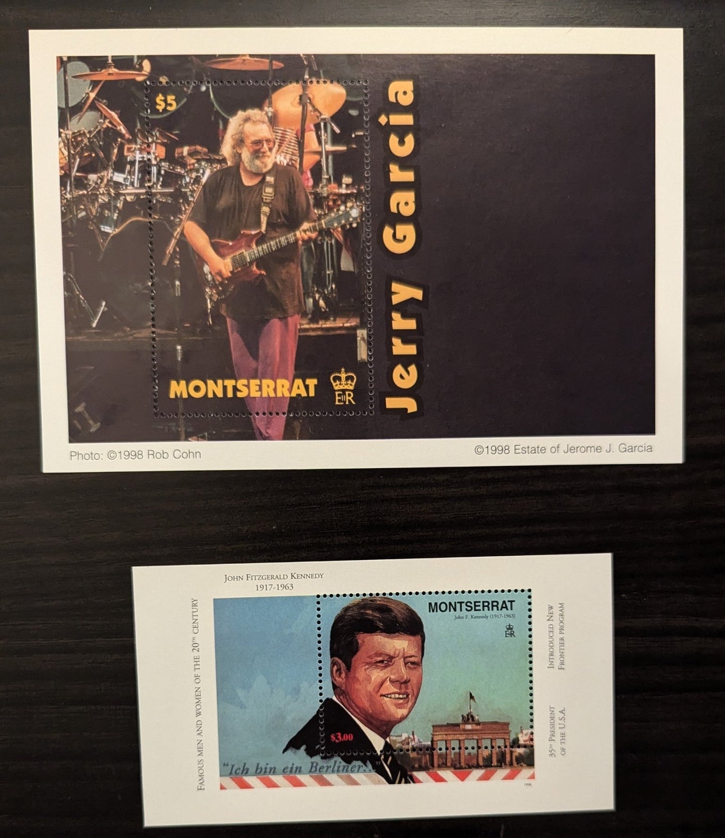 Lot 88 Montserrat SC#945/956 1998 Famous People of the 20th Century - Jerry Garcia Issues, 2 VFNH Souvenir Sheets, Click on Listing to See ALL Pictures, 2017 Scott Cat. $13