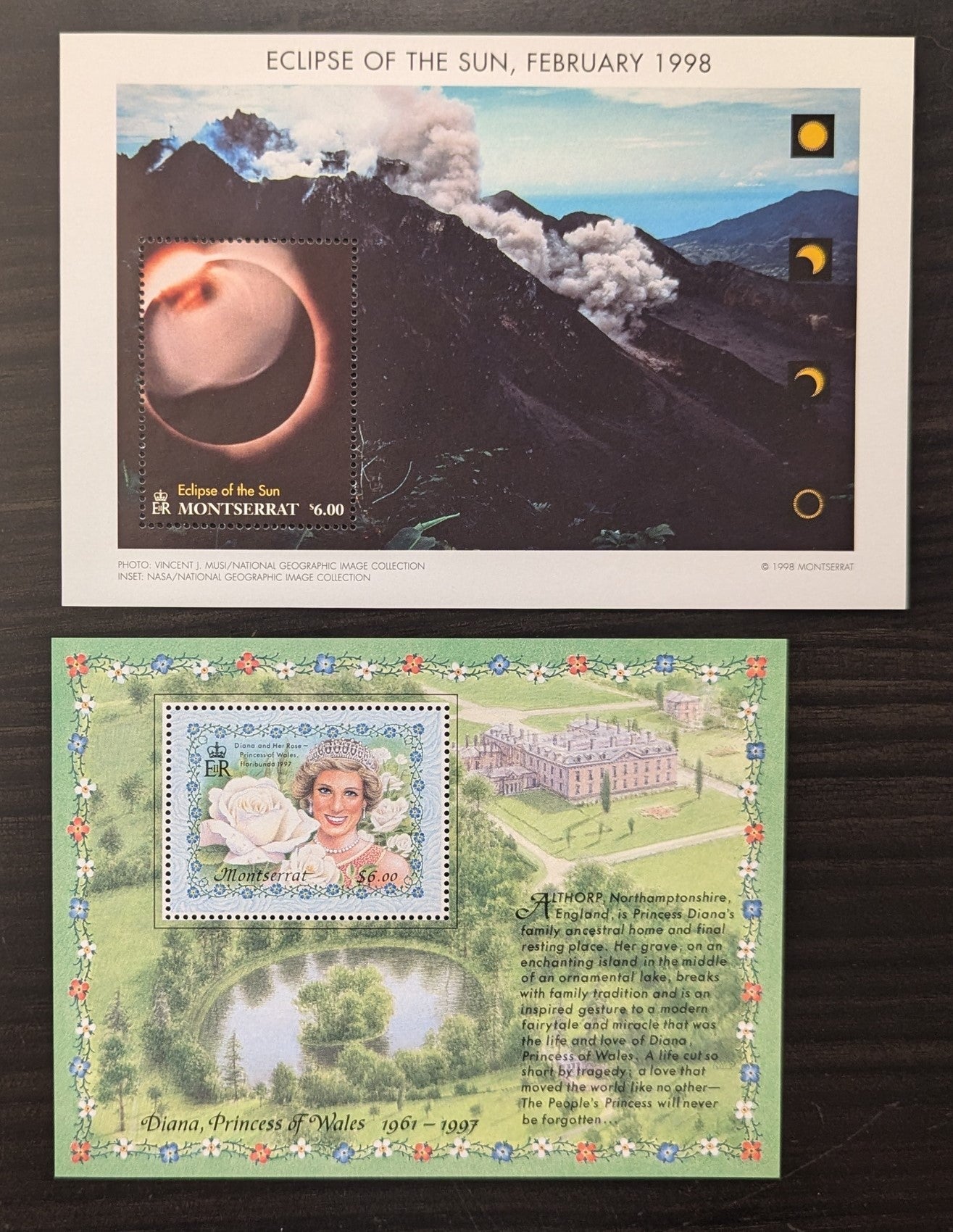 Lot 89 Montserrat SC#961/965 1998 Eclipse of the Sun - Diana, Princess Of Wales Issues, 2 VFNH Souvenir Sheets, Click on Listing to See ALL Pictures, 2017 Scott Cat. $15.75