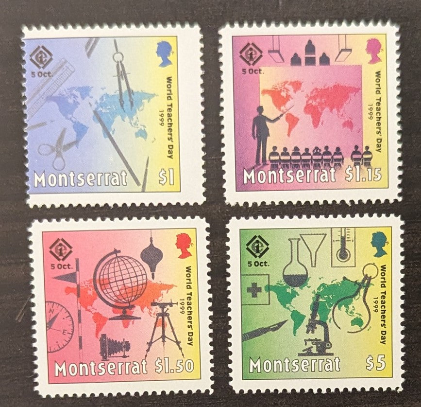 Lot 96 Montserrat SC#994-997 1999 World Teachers' Day Issue, Miscut, 4 VFNH Singles, Click on Listing to See ALL Pictures, Estimated Value $17.5