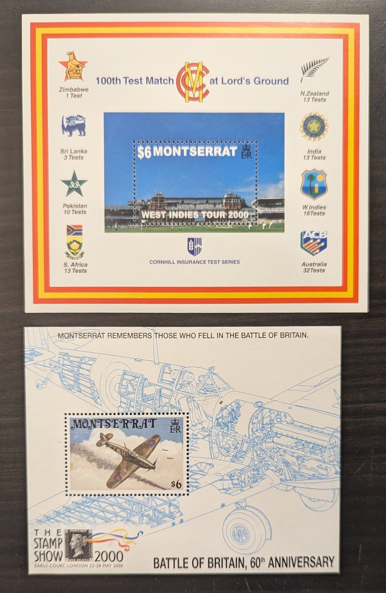 Lot 97 Montserrat SC#1002/1007 2000 100th Test Cricket Match At Lords Ground - London Stamp Show Issues, 2 VFNH Souvenir Sheets, Click on Listing to See ALL Pictures, 2017 Scott Cat. $17