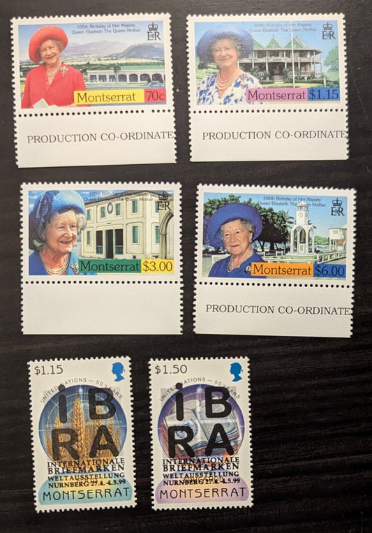 Lot 99 Montserrat SC#968/1015 1999-2000 UN 50th Anniv Overprints - Queen Mother, 100th Birthday Issues, 6 VFNH Singles, Click on Listing to See ALL Pictures, 2017 Scott Cat. $17.5