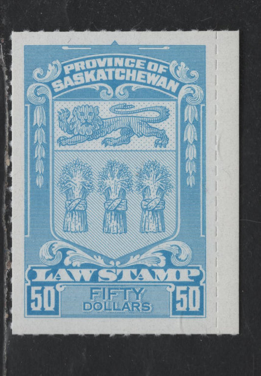 Lot 46 Canada - Province Of Saskatchewan #SL78 $50 Pale Blue Coat Of Arms, 1968 Rouletted Law Stamp Issue, A VFNH Single