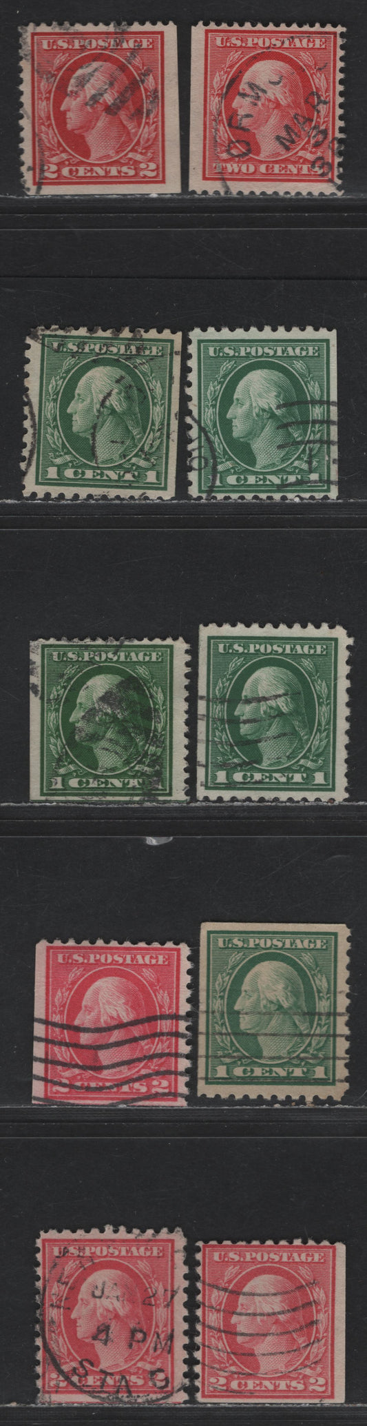 Lot 451 United States Of America #332, 375, 405, 424-425, 462-463 1c-2c Green & Carmine 1908-1915 Washington Franklin Issue, 10 Fine & VF Used Singles Booklet Singles, Single & Double Lined USPS Watermarks, Perf. 10 & 12, Including Some Additional Shades