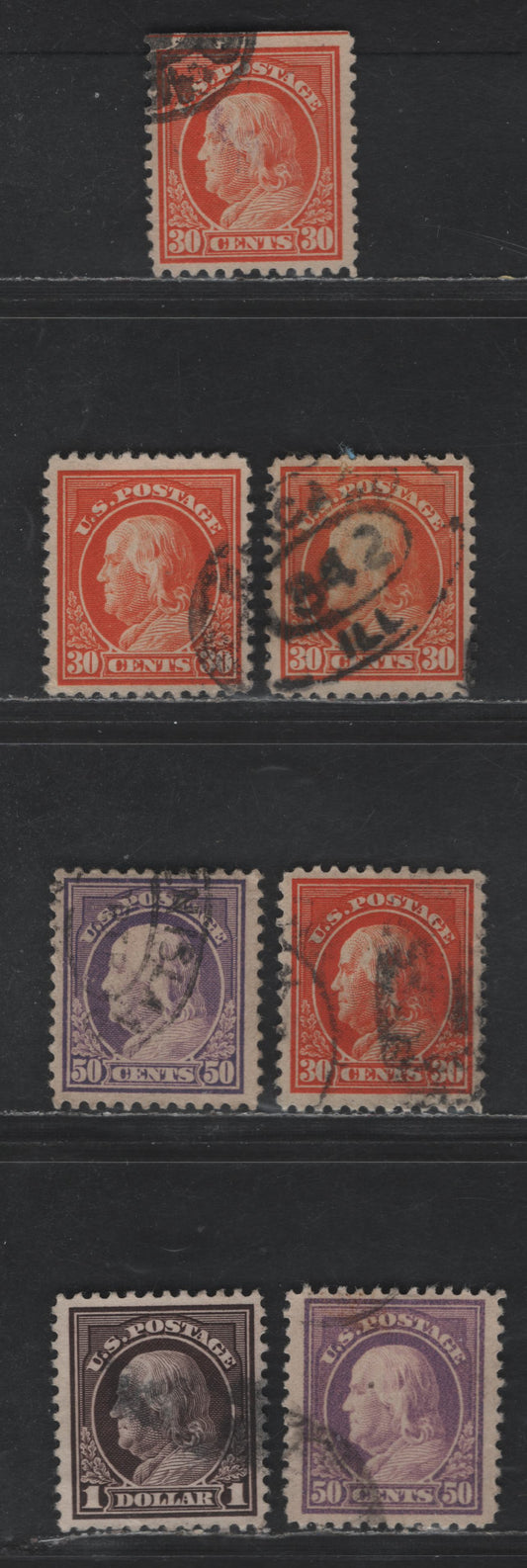 Lot 469 United States Of America #516-518 30c-$1 Deep Red Orange - Violet Black Benjamin Franklin, 1917-1919 Washington Franklin Issue, 7 VF Used Singles Unwatermarked, Perf. 11, Additional Shades Of The 30c