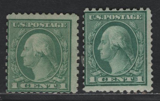 Lot 477 United States Of America #538, 542 1c Green George Washington, 1919-1921 Washington Franklin Issue, 2 VGOG Singles Unwatermarked, Perf. 11 x 10 & 10 x 11, Rotary Press